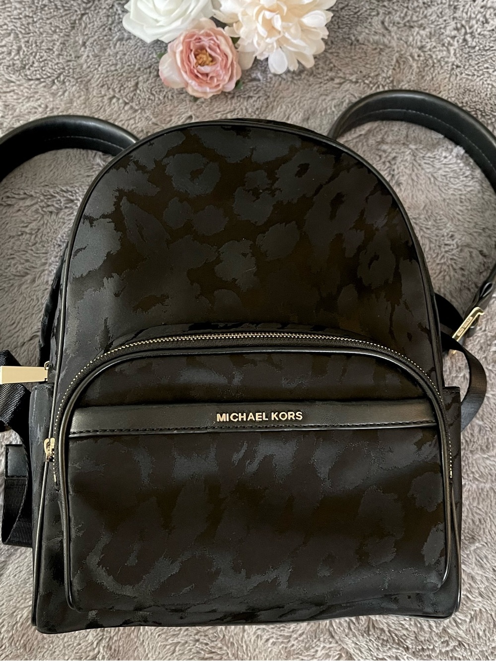 Michael Kors Black Leopard-Print Nylon Backpack with Gold Hardware
